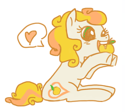 Size: 843x760 | Tagged: safe, artist:needsmoarg4, golden delicious (g3), earth pony, pony, g3, g4, apple, eating, female, food, g3 to g4, generation leap, golden apple, herbivore, mare, simple background, sitting, solo, white background