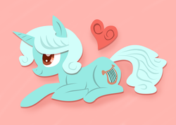 Size: 991x700 | Tagged: safe, artist:needsmoarg4, lyra heartstrings, pony, unicorn, g4, alternate hairstyle, female, heart, heartstrings, mare, pink background, prone, redesign, simple background, smiling, solo