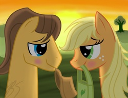 Size: 1024x791 | Tagged: safe, artist:blablashmo, applejack, caramel, earth pony, pony, g4, backlighting, blushing, eye contact, female, hat, looking at each other, male, mare, mouth hold, ship:carajack, shipping, smiling, stallion, straight, sunset