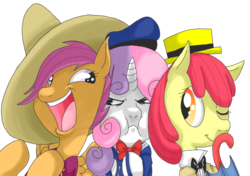 Size: 850x600 | Tagged: safe, artist:wolfytails, apple bloom, scootaloo, sweetie belle, earth pony, pegasus, pony, unicorn, g4, angry, clothes, cosplay, costume, cutie mark crusaders, disney, donald duck, female, filly, foal, hat, jose carioca, panchito pistoles, pixiv, scootachicken, simple background, sombrero, stealth pun, sweetie belle is not amused, the three caballeros, transparent background, unamused