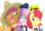 Size: 850x600 | Tagged: safe, artist:wolfytails, apple bloom, scootaloo, sweetie belle, earth pony, pegasus, pony, unicorn, g4, angry, clothes, cosplay, costume, cutie mark crusaders, disney, donald duck, female, filly, foal, hat, jose carioca, panchito pistoles, pixiv, scootachicken, simple background, sombrero, stealth pun, sweetie belle is not amused, the three caballeros, transparent background, unamused