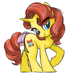 Size: 433x455 | Tagged: safe, artist:needsmoarg4, honeybelle, pony, unicorn, g4, alternate design, bow, female, mare, redesign, simple background, smiling, solo, tail bow, white background