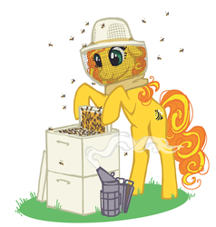 Size: 763x800 | Tagged: dead source, safe, artist:dimespin, bumblesweet, bee, earth pony, pony, g4, bee box, beehive, beekeeper, female, honeycomb (structure), mare, smiling, smoke, solo