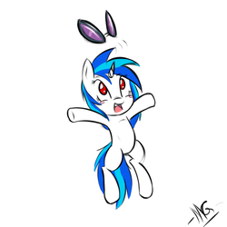 Size: 900x900 | Tagged: safe, artist:microgrid, dj pon-3, vinyl scratch, pony, unicorn, g4, female, jumping, mare, red eyes, simple background, solo, white background, wrong eye color