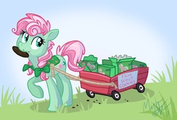 Size: 1199x813 | Tagged: source needed, safe, artist:spiritofamerica, minty, earth pony, pony, g3, g4, cart, cookie, female, filly guides, food, g3 to g4, generation leap, mare, mouth hold, pulling, raised hoof, solo