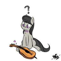 Size: 900x900 | Tagged: safe, artist:microgrid, octavia melody, earth pony, pony, g4, female, guitar, head tilt, mare, musical instrument, no pupils, question mark, simple background, sitting, solo, white background