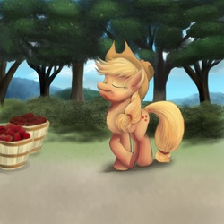 Size: 1500x1500 | Tagged: safe, artist:tres-apples, applejack, earth pony, pony, g4, apple, crossed hooves, eyes closed, female, food, mare, smiling, solo, tree