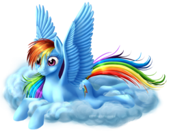 Size: 875x675 | Tagged: safe, artist:kittehkatbar, rainbow dash, pegasus, pony, g4, backwards cutie mark, cloud, female, mare, on a cloud, prone, simple background, solo, spread wings, transparent background, wings