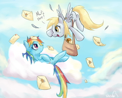 Size: 1500x1200 | Tagged: safe, artist:balderdashington, derpy hooves, rainbow dash, pegasus, pony, g4, cloud, duo, duo female, female, letter, looking at each other, mail, mailbag, mare, on back, sky