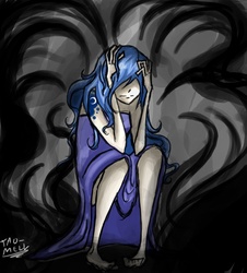 Size: 2032x2248 | Tagged: safe, artist:tao-mell, princess luna, human, g4, abstract background, barefoot, darkness, feet, female, high res, humanized, s1 luna, scared, sitting, solo