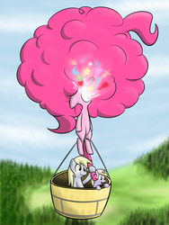 Size: 1500x2000 | Tagged: safe, artist:lamia, derpy hooves, dinky hooves, pinkie pie, earth pony, pegasus, pony, unicorn, g4, basket, cartoon physics, context is for the weak, female, filly, fluffy mane, hot air balloon, huge mane, mare, pinkie being pinkie, pinkie physics, tail, tail pull, wat