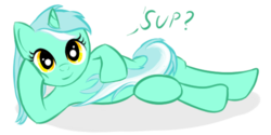 Size: 500x250 | Tagged: safe, artist:cheshiresdesires, lyra heartstrings, pony, unicorn, g4, covering, female, looking at you, mare, on side, simple background, smiling, solo, transparent background