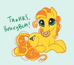 Size: 500x439 | Tagged: safe, artist:dimespin, bumblesweet, earth pony, pony, g4, cute, eating, female, herbivore, looking at you, mare, nom, prone, simple background, smiling, solo, white background