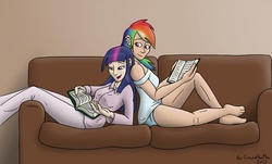 Size: 1108x670 | Tagged: safe, artist:gonzahermeg, rainbow dash, twilight sparkle, human, g4, back to back, book, couch, duo, ear piercing, earring, female, helix piercing, humanized, jewelry, lesbian, piercing, reading, ship:twidash, shipping