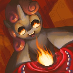 Size: 1575x1575 | Tagged: safe, artist:docwario, sweetie belle, pony, unicorn, g4, arson, female, filly, fire, pyro belle, pyrokinesis, pyromaniac, smiling, solo, story included