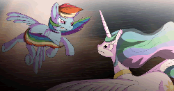 Size: 906x476 | Tagged: safe, artist:twodeepony, princess celestia, rainbow dash, alicorn, pegasus, pony, g4, animated, duo, female, flying, gif, gritted teeth, looking at each other, mare, rain