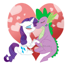 Size: 900x876 | Tagged: safe, artist:peachescw, rarity, spike, dragon, pony, unicorn, g4, blushing, female, floppy ears, heart, interspecies, male, mare, ship:sparity, shipping, simple background, sitting, spikelove, straight, transparent background, watermark