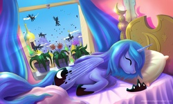 Size: 2000x1200 | Tagged: safe, artist:alexmakovsky, princess luna, alicorn, changeling, pony, a canterlot wedding, g4, bed, canterlot, crown, eyes closed, female, flying, invasion, luna is friggen useless, mare, on side, pillow, plant, sleeping, tiara, window