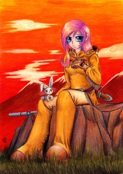 Size: 900x1275 | Tagged: safe, artist:lavosvsbahamut, angel bunny, fluttershy, human, g4, clothes, crossover, female, humanized, looking at you, nausicaa of the valley of the wind, sitting, skirt, studio ghibli, traditional art