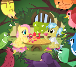 Size: 954x838 | Tagged: safe, artist:peppersupreme, constance, doctor fauna, fluttershy, bird, blue jay, earth pony, hummingbird, pegasus, pony, g4, cup, female, mare, pillow, sitting, teacup, teapot