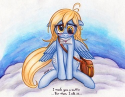 Size: 750x583 | Tagged: safe, artist:lavosvsbahamut, derpy hooves, pegasus, pony, g4, bag, blushing, both cutie marks, cloud, female, floppy ears, letter, looking at you, love letter, mare, signature, sitting, solo, traditional art