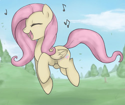 Size: 1518x1276 | Tagged: dead source, safe, artist:soulspade, fluttershy, pegasus, pony, g4, cute, eyes closed, female, grass, happy, mare, music notes, open mouth, shyabetes, singing, skipping, sky, solo, tree