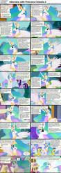 Size: 1282x3662 | Tagged: safe, edit, edited screencap, screencap, princess celestia, twilight sparkle, alicorn, pegasus, pony, unicorn, comic:celestia's servant interview, g4, cake, caption, comic, female, interview, male, mare, princess, royal guard, stallion