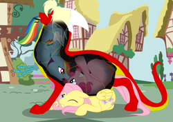 Size: 4092x2893 | Tagged: safe, artist:ranger, fluttershy, pinkie pie, rainbow dash, oc, dragon, earth pony, pegasus, pony, g4, backwards cutie mark, belly, dialogue, dragons eating horses, eaten alive, female, fetish, internal, mare, non-mlp oc, oral vore, pinkie prey, ponyville, preydash, tail sticking out, throat bulge, unamused, vore, willing vore, x-ray