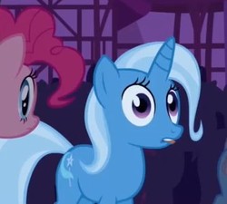 Size: 365x328 | Tagged: safe, screencap, pinkie pie, trixie, earth pony, pony, unicorn, boast busters, g4, season 1, cropped, female, give me that retarded trixie image, goohs, hatless, mare, missing accessory