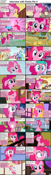 Size: 1282x4376 | Tagged: safe, applejack, donut joe, fluttershy, pinkie pie, princess celestia, rainbow dash, rarity, earth pony, pony, comic:celestia's servant interview, g4, sweet and elite, candy, caption, comic, crying, female, interview, lollipop, mare, ocular gushers, party cannon, solo focus