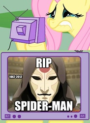 Size: 563x771 | Tagged: safe, fluttershy, pegasus, pony, g4, amon, crying, exploitable meme, female, fluttercry, lip bite, male, mare, meme, spider-man, the legend of korra, tv meme, vector