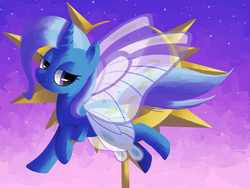 Size: 2000x1500 | Tagged: safe, artist:reuniclus, trixie, pony, unicorn, g4, butterfly wings, female, flying, lidded eyes, mare, smiling, solo, wings