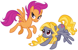 Size: 910x579 | Tagged: dead source, safe, artist:intergalacticrush, lily blossom, scootaloo, pegasus, pony, g4, alternate cutie mark, closed mouth, duo, duo female, eyebrows, female, flying, frown, looking at someone, mare, older, older scootaloo, raised eyebrow, scootaloo can fly, simple background, smiling, spread wings, transparent background, wings, wings down