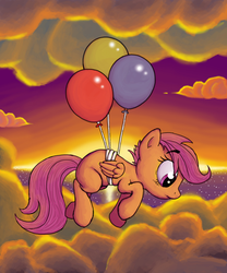 Size: 1088x1309 | Tagged: safe, artist:raunchyopposition, scootaloo, pegasus, pony, g4, backlighting, balloon, blank flank, cloud, cloudy, female, filly, flying, folded wings, ocean, scootaloo can't fly, solo, sunset, water, wings