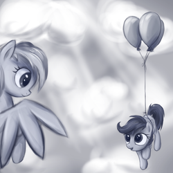 Size: 1200x1200 | Tagged: safe, artist:fajeh, rainbow dash, scootaloo, pegasus, pony, g4, balloon, cute, cutealoo, duo, duo female, female, filly, flying, looking at each other, mare, scootaloo can't fly, sky