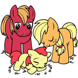 Size: 945x945 | Tagged: safe, artist:megasweet, apple bloom, applejack, big macintosh, earth pony, pony, g4, adorabloom, apple siblings, apple sisters, applebetes, colored, colt, cute, eyes closed, female, filly, foal, hatless, jackabetes, lidded eyes, macabetes, male, missing accessory, prone, siblings, simple background, sisters, smiling, sweet dreams fuel, white background, younger