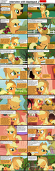 Size: 1282x4019 | Tagged: safe, edit, edited screencap, screencap, applejack, earth pony, pony, comic:celestia's servant interview, g4, caption, comic, female, interview, mare, solo