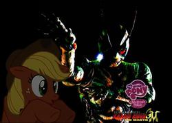 Size: 500x358 | Tagged: safe, applejack, earth pony, pony, g4, female, kamen rider, kamen rider shin, mare, shin kamen rider prologue, spooky