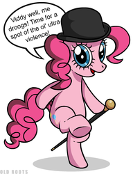 Size: 600x780 | Tagged: safe, artist:old roots, pinkie pie, earth pony, pony, g4, a clockwork orange, alex delarge, bipedal, bowler hat, cane, female, hat, mare, nadsat, solo