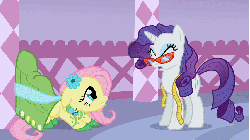 Size: 853x480 | Tagged: safe, screencap, fluttershy, rarity, pegasus, pony, unicorn, g4, season 1, suited for success, animated, carousel boutique, duo, duo female, female, gif, glasses, mare, measuring tape, messy mane, rarity's glasses, stomping