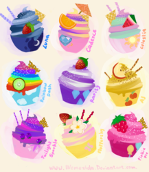 Size: 1738x2000 | Tagged: safe, artist:schwarz-one, applejack, fluttershy, pinkie pie, princess cadance, princess celestia, princess luna, rainbow dash, rarity, twilight sparkle, g4, cupcake, food, no pony, rainbow and cupcakes, rainbow cupcake