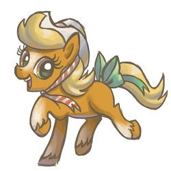 Size: 800x800 | Tagged: safe, artist:needsmoarg4, retro leap, earth pony, pony, g4, my pretty pony, bow, female, g0 to g4, generation leap, happy, hat, mare, not applejack, origins, simple background, solo, tail bow, unshorn fetlocks, white background