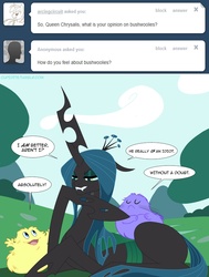 Size: 1785x2358 | Tagged: dead source, safe, artist:tarajenkins, queen chrysalis, bushwoolie, changeling, changeling queen, cupidite, discorderlyconduct, g1, g4, female, g1 to g4, generation leap, prone