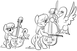 Size: 1280x848 | Tagged: safe, artist:php27, octavia melody, earth pony, pony, swan, g4, bipedal, cello, cute, cygnet, daaaaaaaaaaaw, female, filly, filly octavia, foal, mare, monochrome, musical instrument, pet, smiling, solo, tavibetes, younger