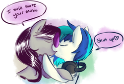 Size: 500x339 | Tagged: safe, artist:php27, dj pon-3, octavia melody, vinyl scratch, earth pony, pony, unicorn, g4, duo, female, headphones, kiss on the lips, kissing, lesbian, mare, ship:scratchtavia, shipping, tsundere