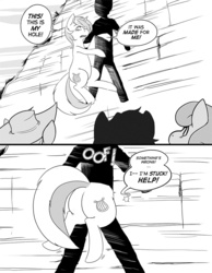 Size: 775x1000 | Tagged: safe, artist:kevinsano, applejack, carrot top, golden harvest, lyra heartstrings, earth pony, pony, unicorn, g4, background pony, butt, buttstuck, comic, cute, dialogue, female, grayscale, hole in the wall, humie, junji ito, looking down, looking up, lyrabetes, manga, mare, monochrome, offscreen character, open mouth, plot, silhouette, solo focus, speech bubble, stuck, the enigma of amigara fault, wide eyes