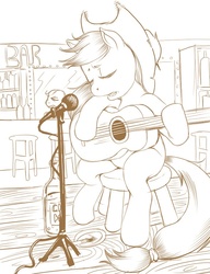 Size: 590x767 | Tagged: safe, artist:idlecum, applejack, earth pony, pony, g4, bar, eyes closed, female, guitar, male, mare, microphone, monochrome, musical instrument, sitting, solo focus, stallion, stool