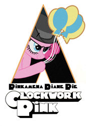 Size: 1201x1760 | Tagged: safe, pinkie pie, earth pony, pony, g4, a clockwork orange, a clockwork pink, balloon, bowler hat, female, hat, mare, poster, smiling, solo, stanley kubrick, ultra friendship