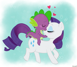 Size: 762x665 | Tagged: safe, artist:sugarkills, rarity, spike, dragon, pony, unicorn, g4, abstract background, blushing, dragons riding ponies, eyes closed, female, heart, interspecies, love, male, mare, riding, ship:sparity, shipping, smiling, spike riding rarity, spikelove, straight