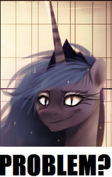 Size: 207x327 | Tagged: safe, princess luna, alicorn, pony, g4, bust, female, horn, jewelry, looking at you, mare, portrait, regalia, slit pupils, smiling, smirk, solo, tiara, trollface